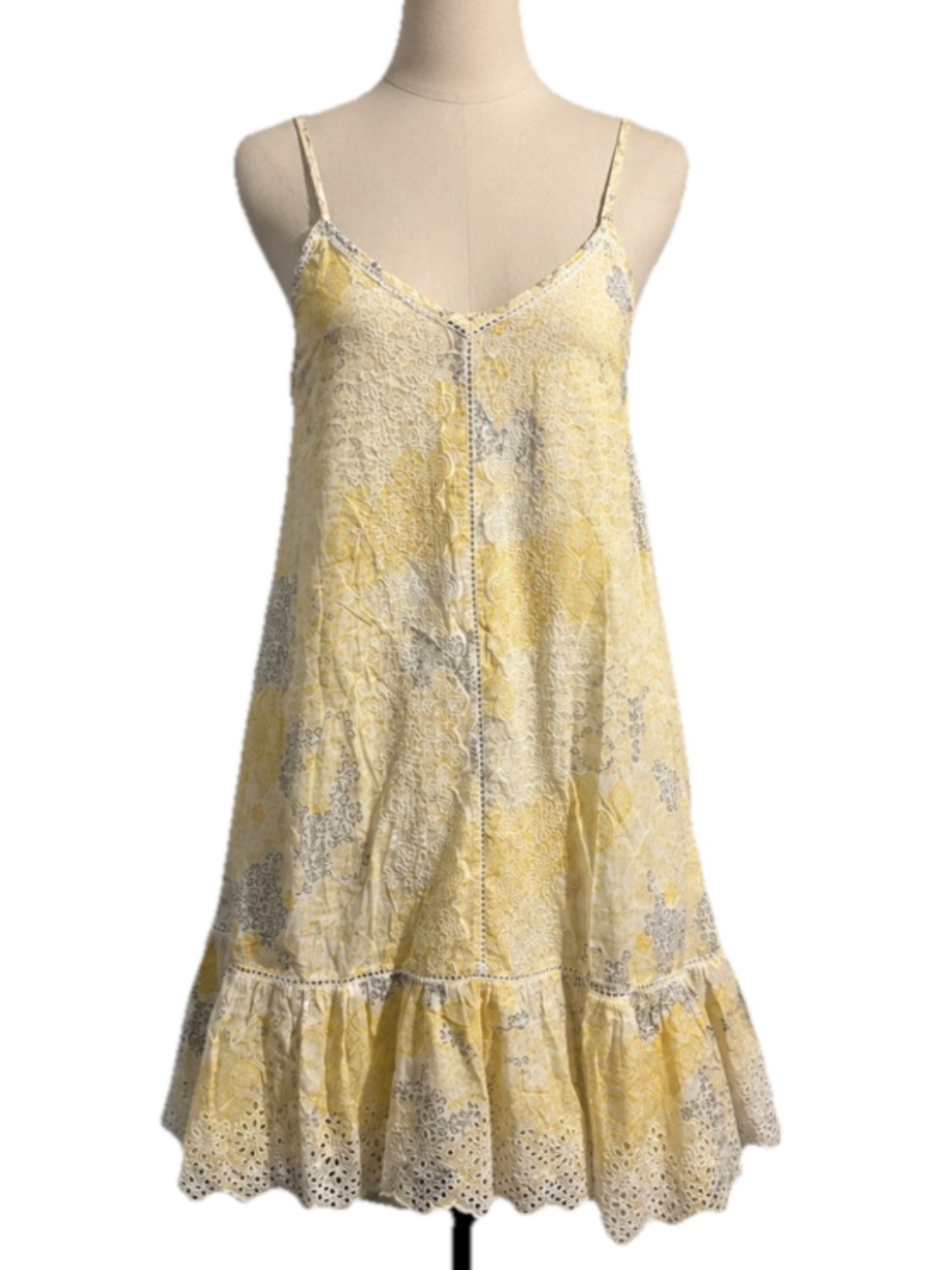 Rachel Zoe Embroidered Dress Womens Boho Floral Eyelet Yellow Sundress Size Lg.